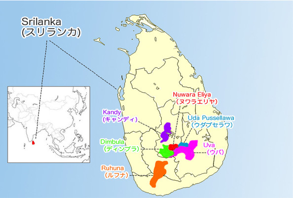 スリランカ地図で湖茶の地域